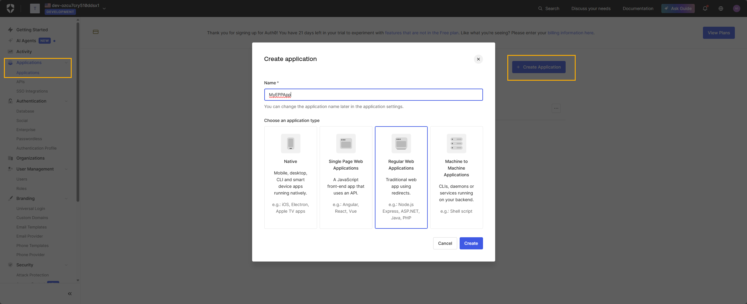 Create an Application in Auth0