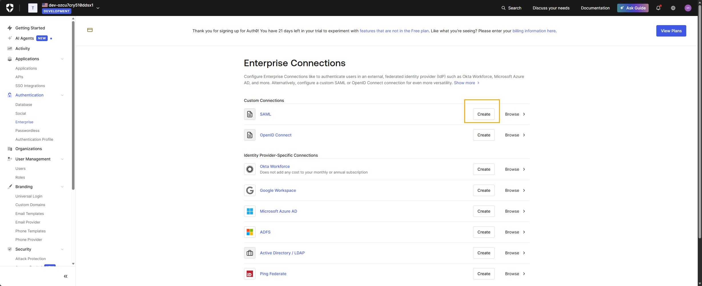 Create SAML Connection