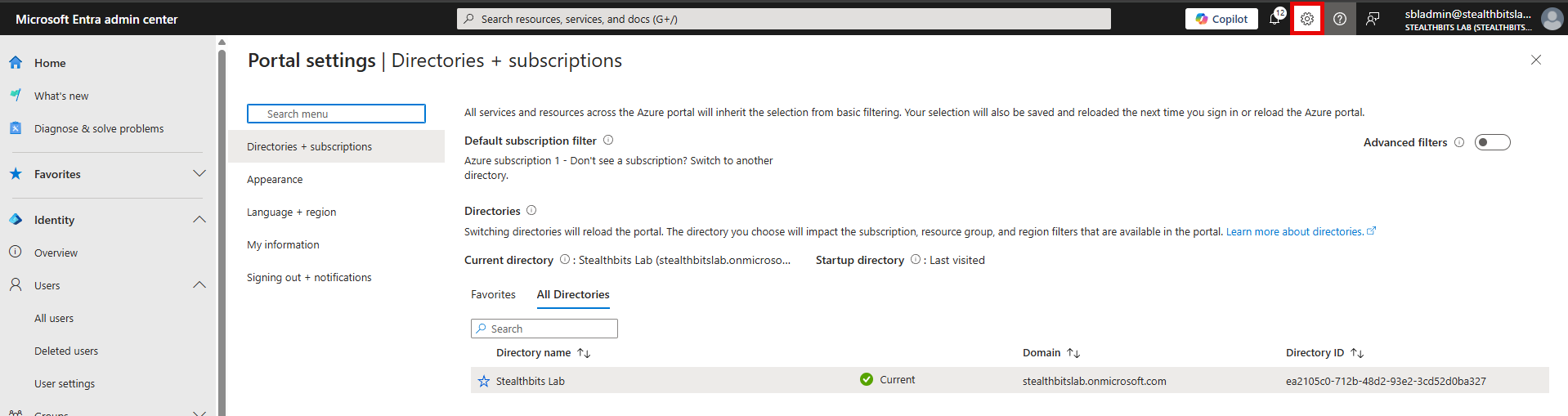 Entra admin center homepage with Settings menu