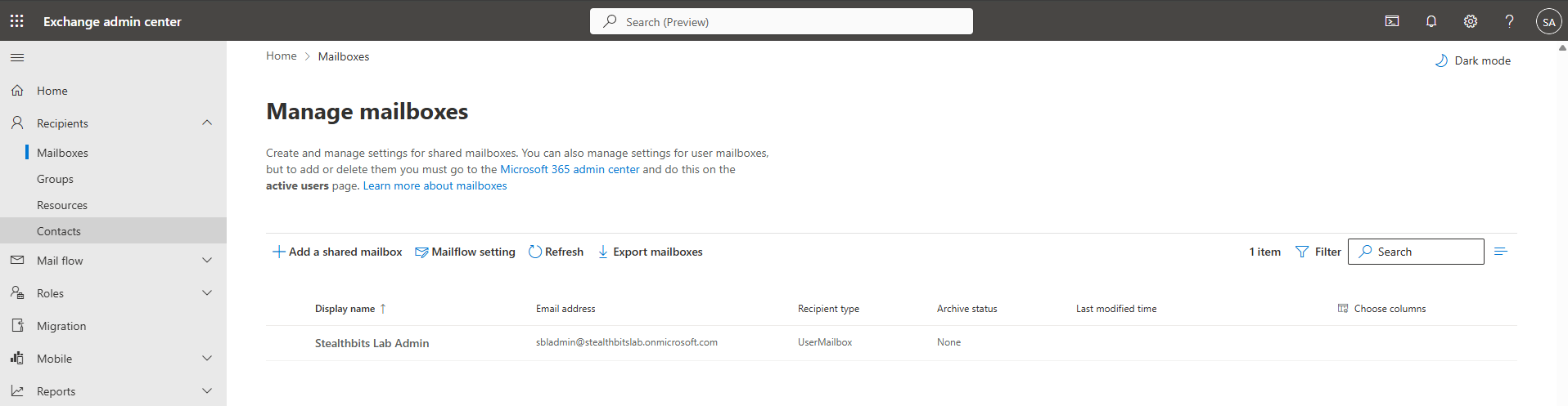 Exchange Admin Center navigation