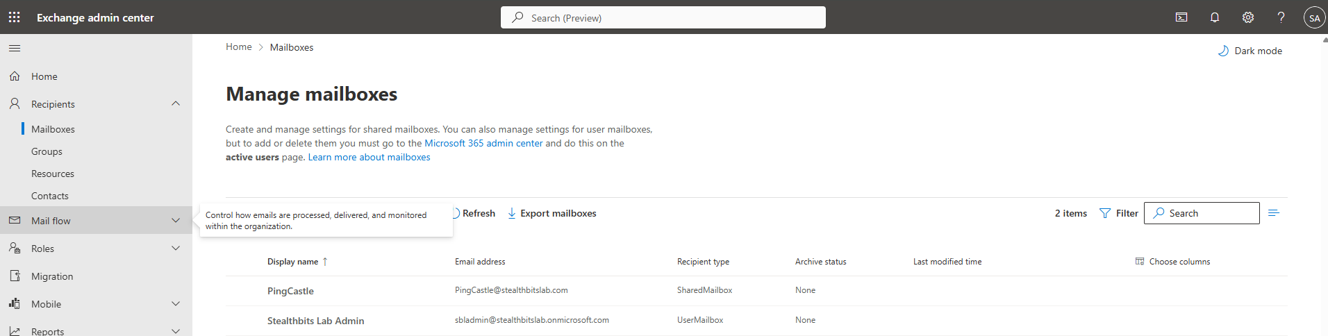 Mailboxes list showing the new shared mailbox