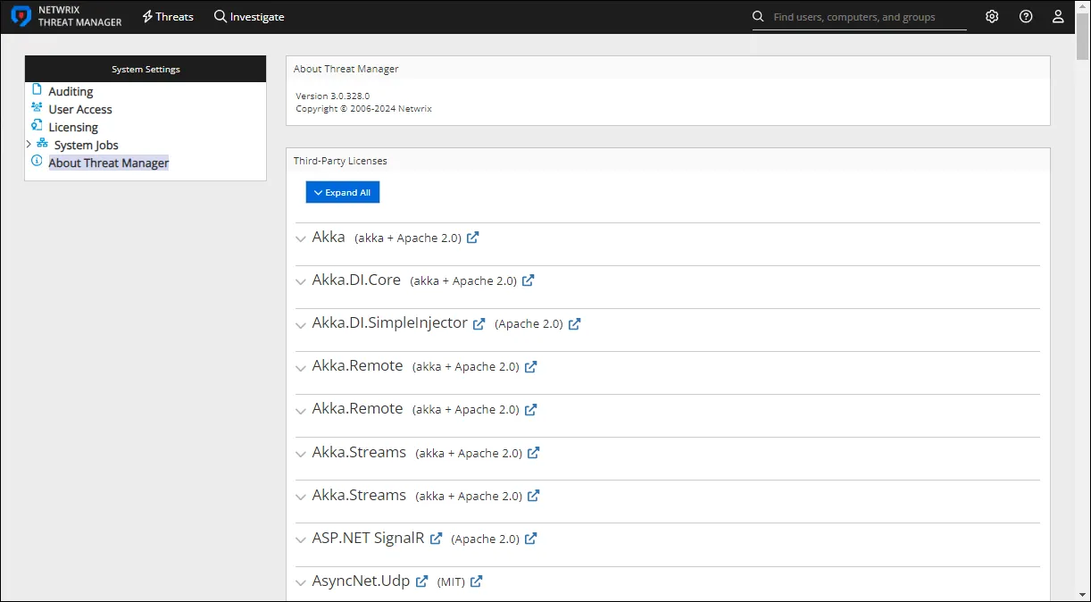 System Settings interfaces on the About Threat Manager page