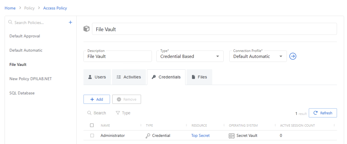 Credential based policy credential tab