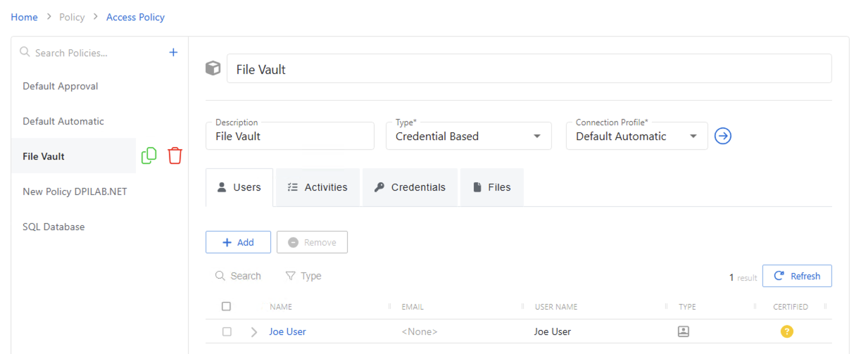 Credential based policy users tab