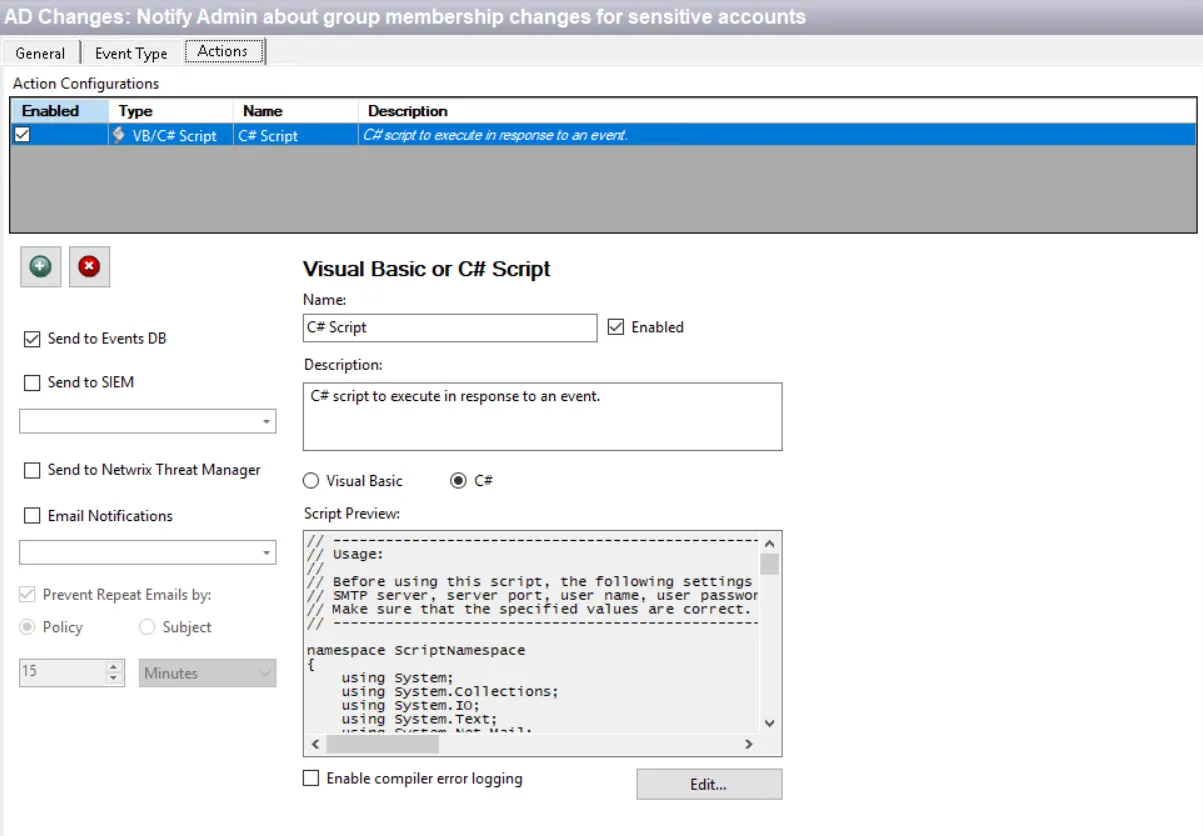 Template – Actions tab