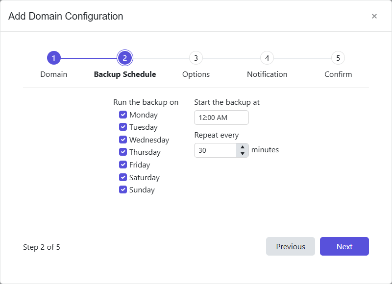 Add Domain Configuration wizard - Backup Schedule page