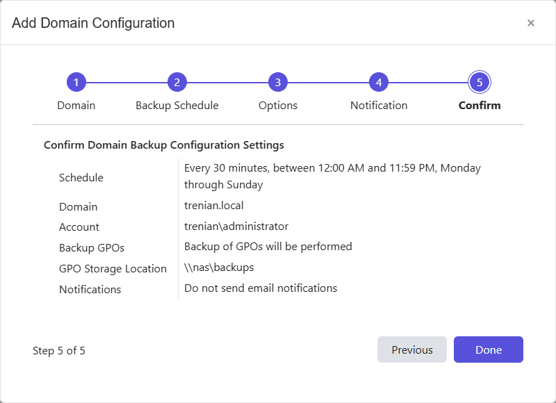 Add Domain Configuration wizard - Confirm page