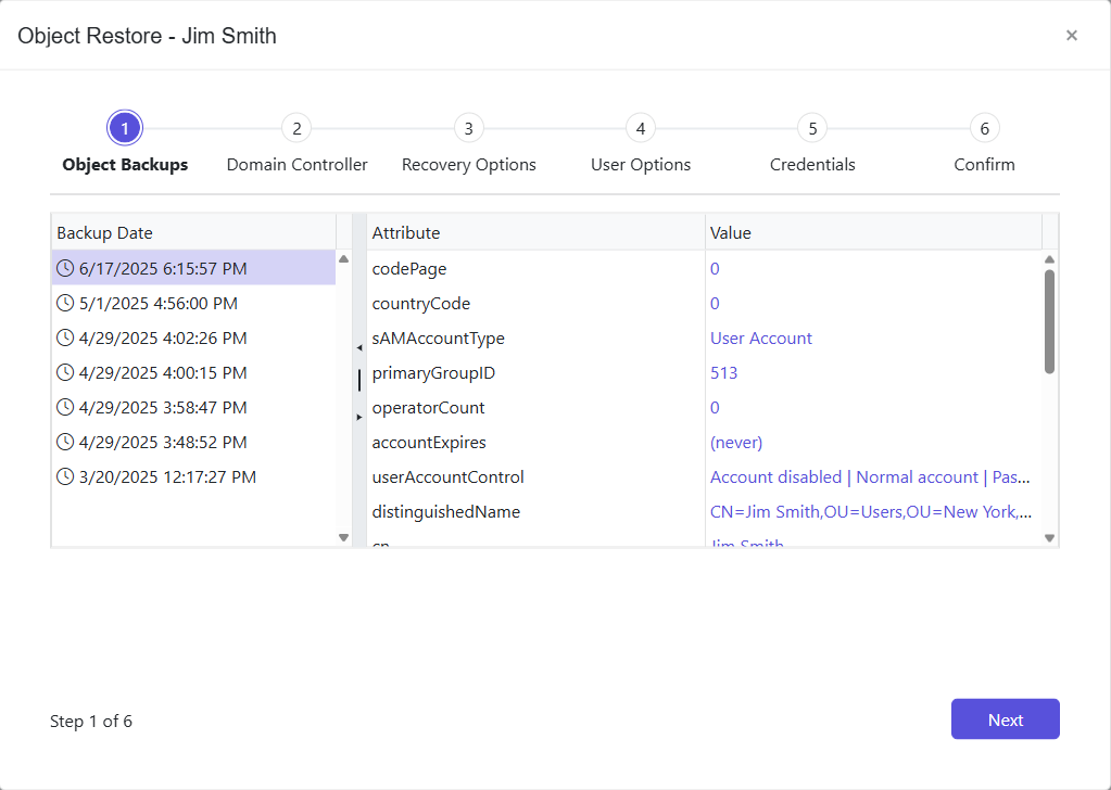 Object Restore wizard - Object Backups page