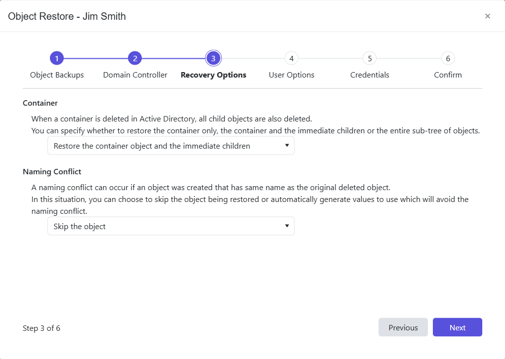 Object Restore wizard - Recovery Options page