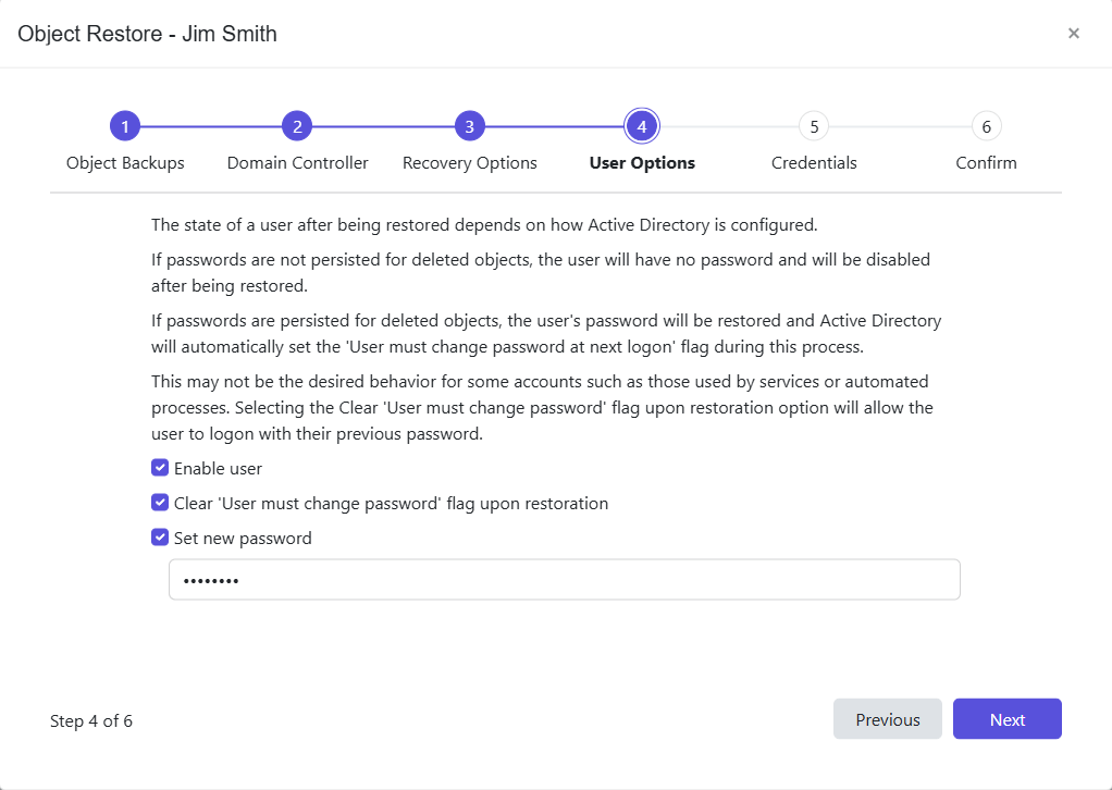 Object Restore wizard - User Options page
