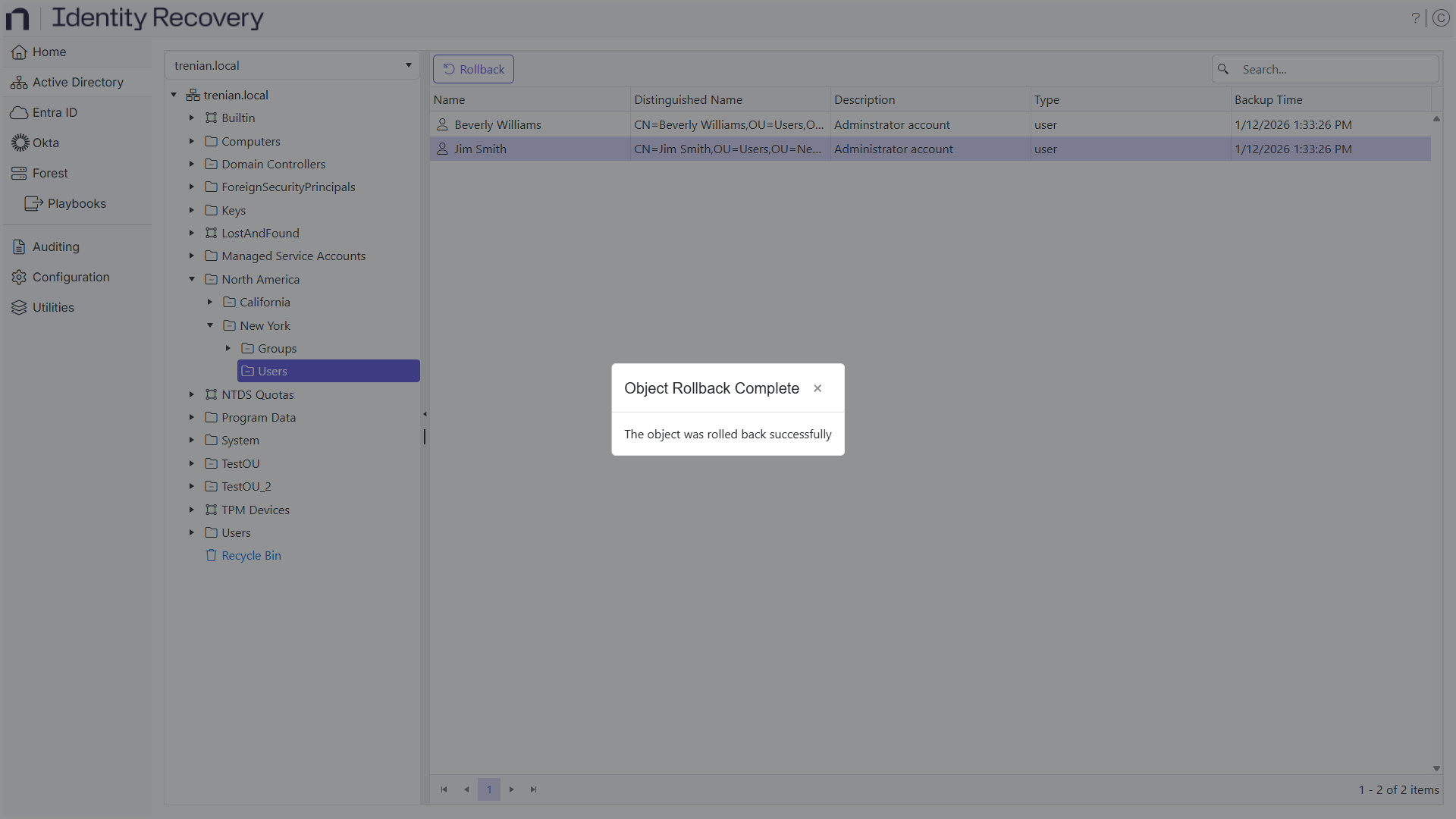 Object Rollback Sucessful message