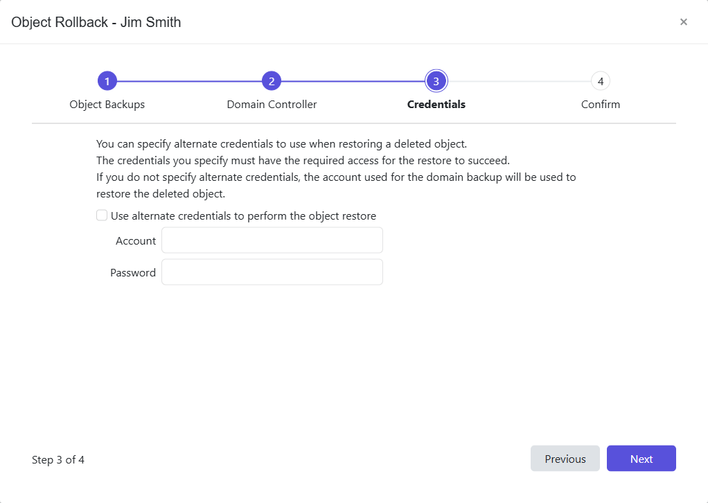 Object Rollback wizard - Credentials page
