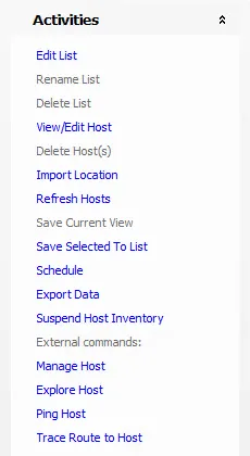 Activities pane in Individual Host List Nodes