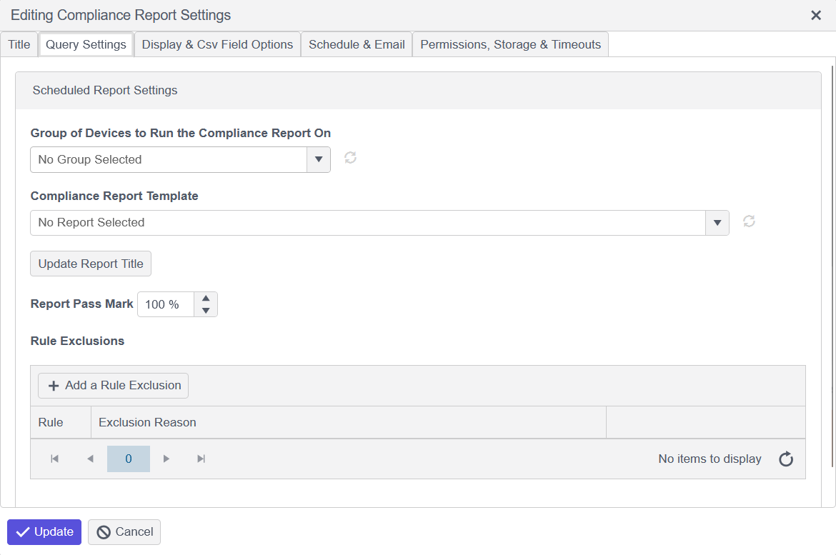 Query Settings tab for a new compliance report