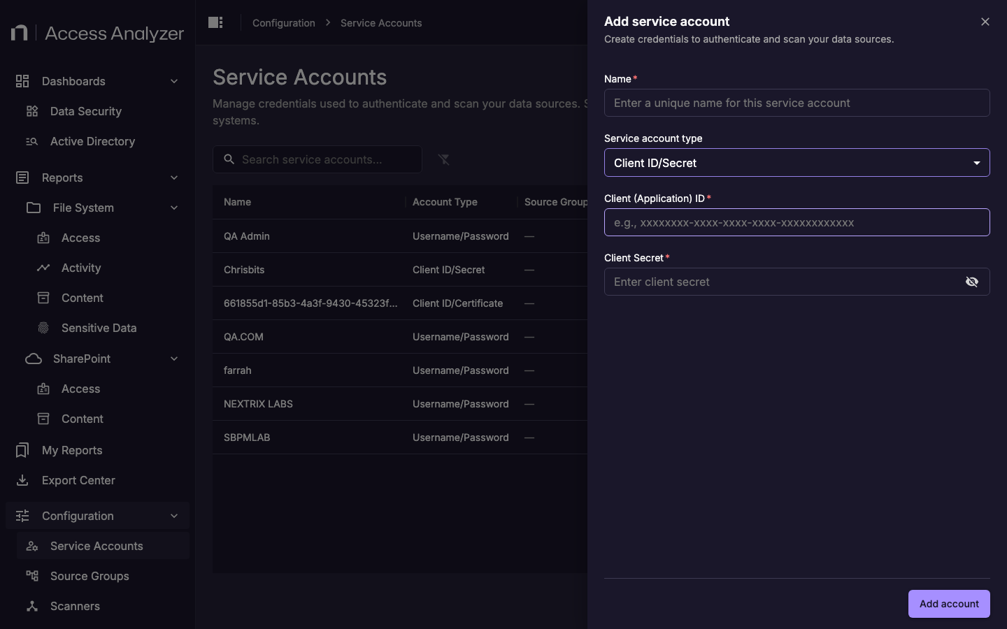 Add service account form showing Client ID/Secret fields: name, client application ID, and client secret