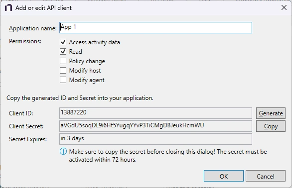 Add or Edit API Client popup window