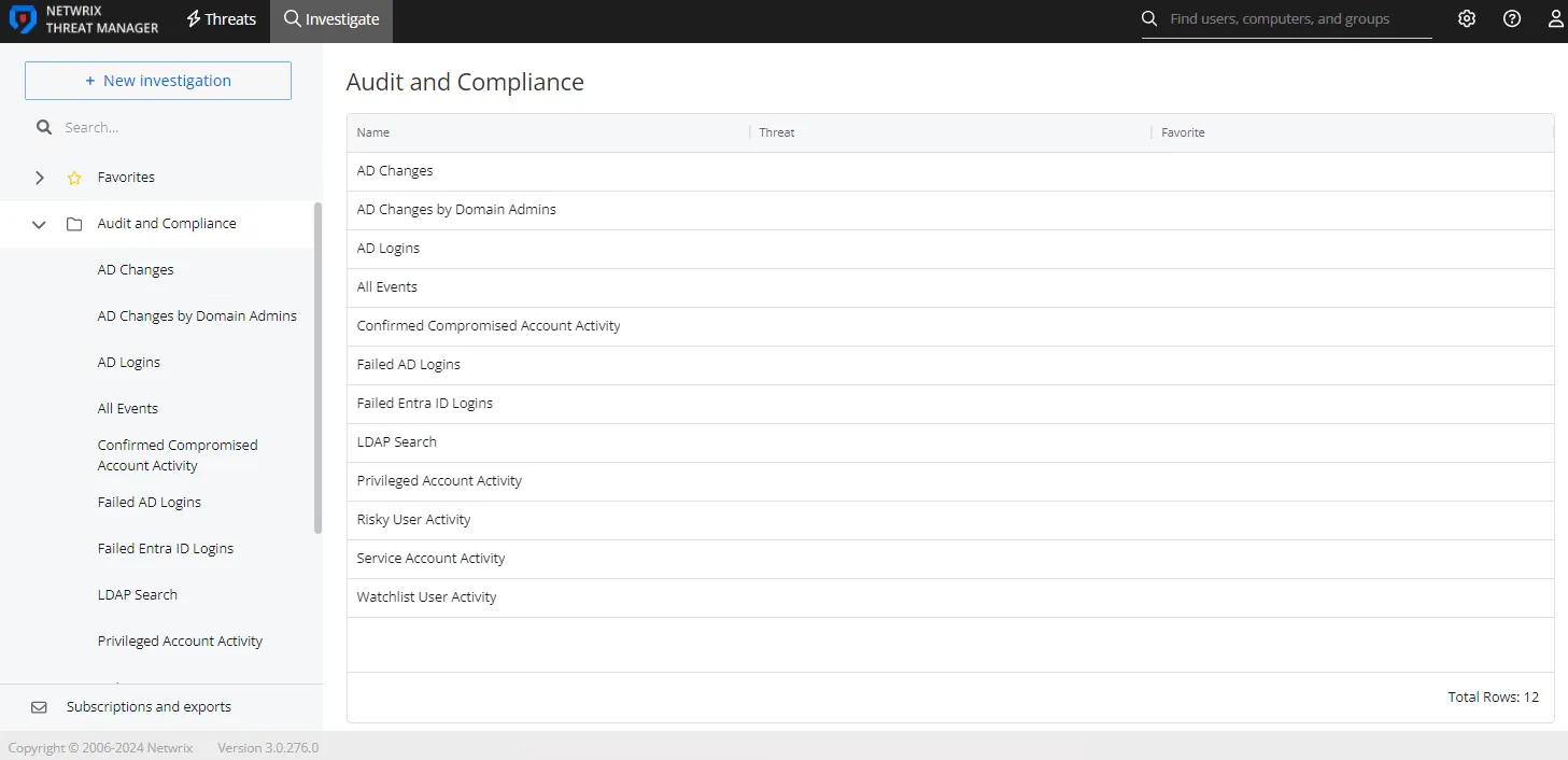 Investigations interface on the Audit and Compliance page