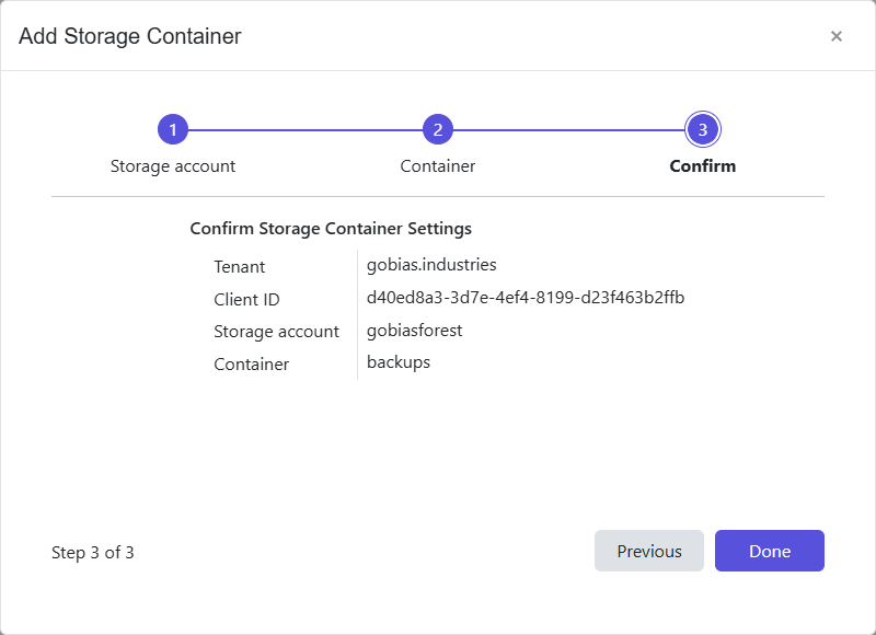 Add Storage Container wizard – Confirm page