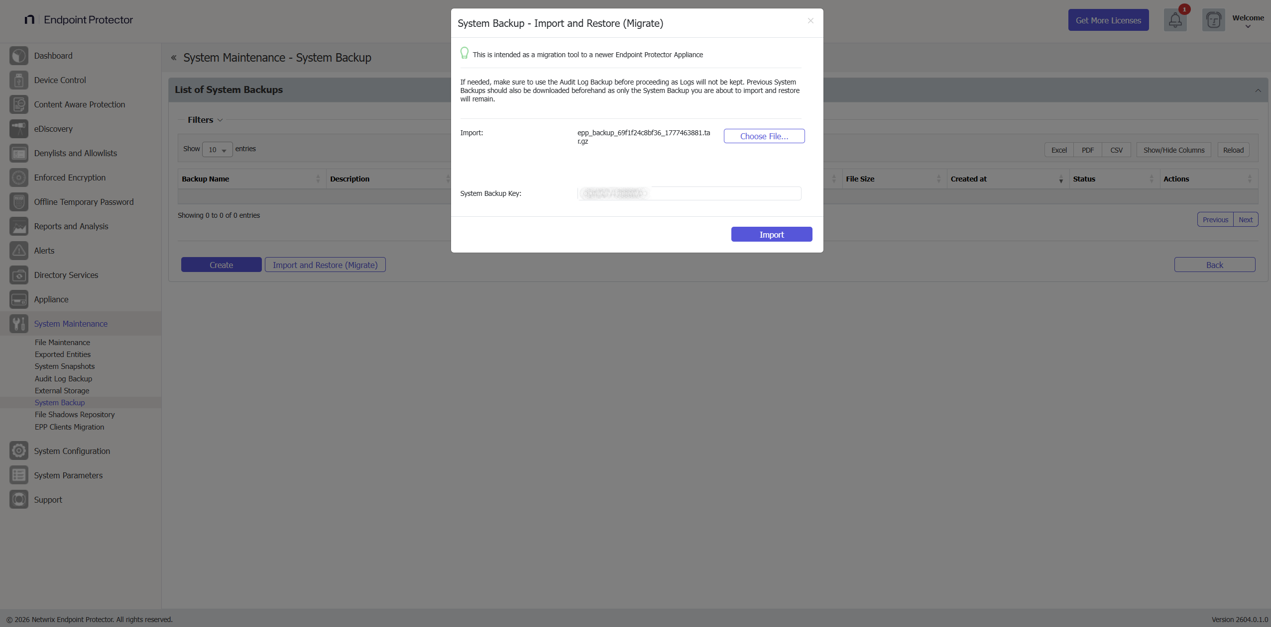 System Maintenance → System Backup v2 — Import and Restore (Migrate) button