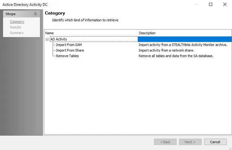 Active Directory Activity DC wizard Category page