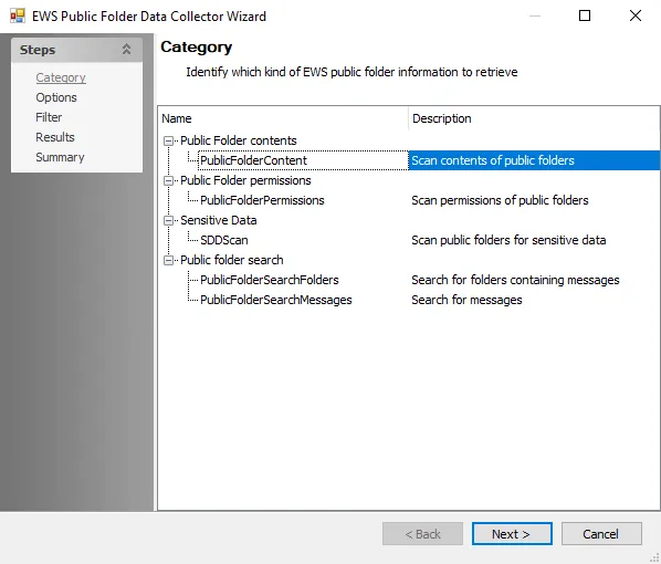 EWS Public Folder Data Collector Wizard Category page