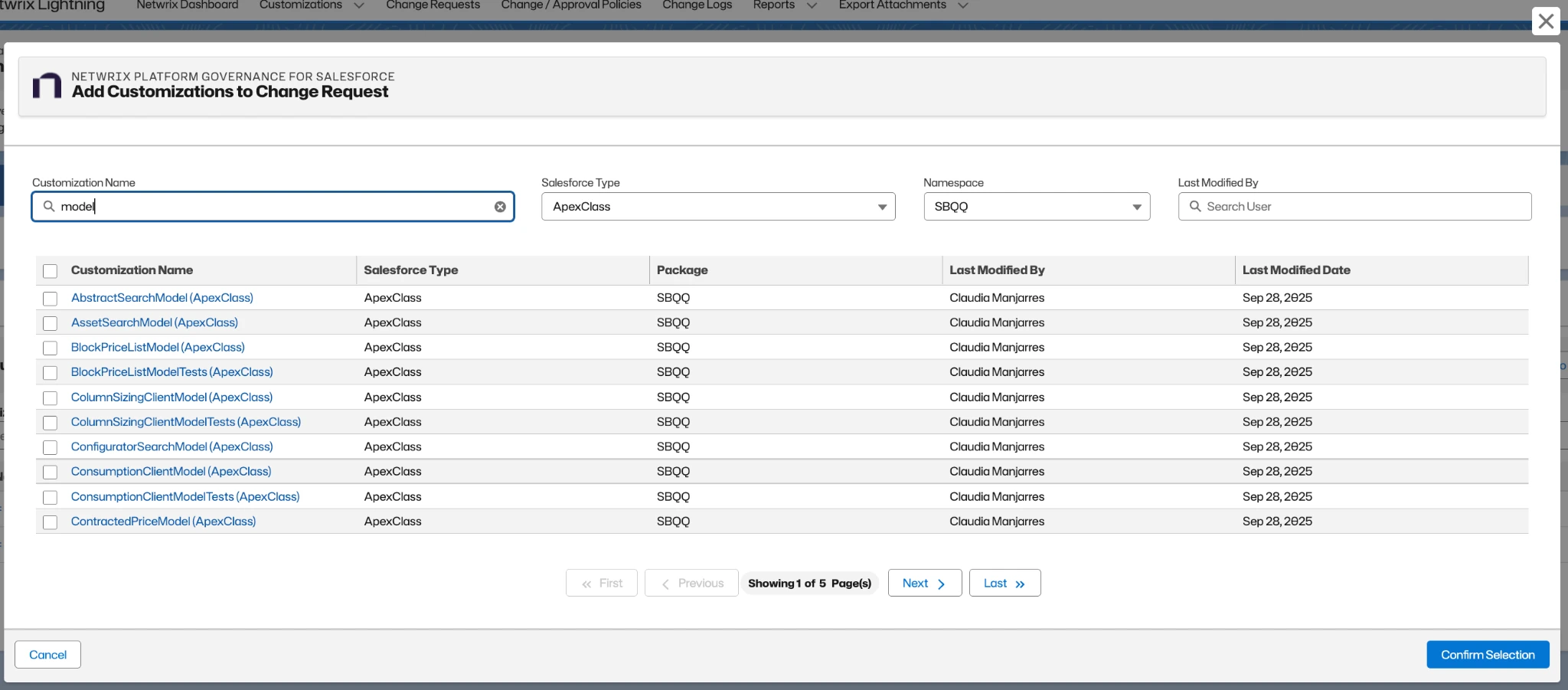 Enter filters to search for customizations