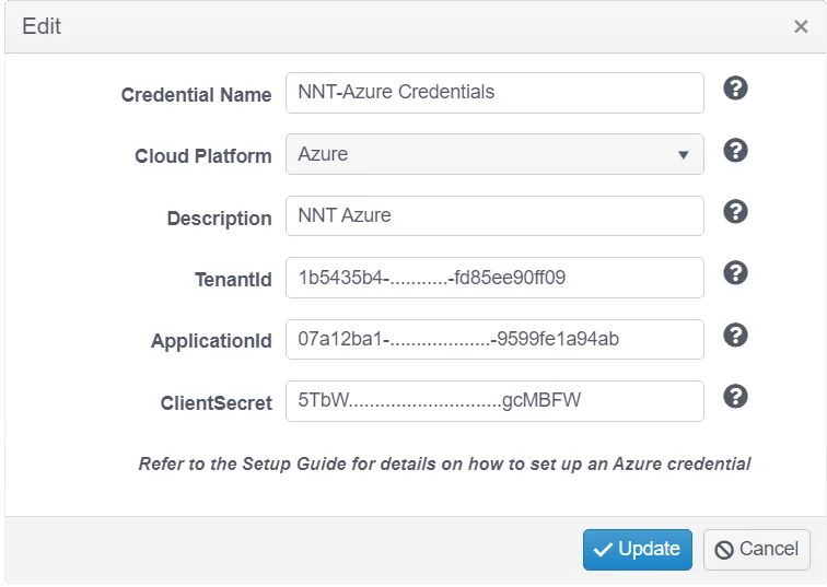 Azure Platform credentials dialog showing Credential Name, Cloud Platform, Tenant ID, Application ID, and Client Secret fields