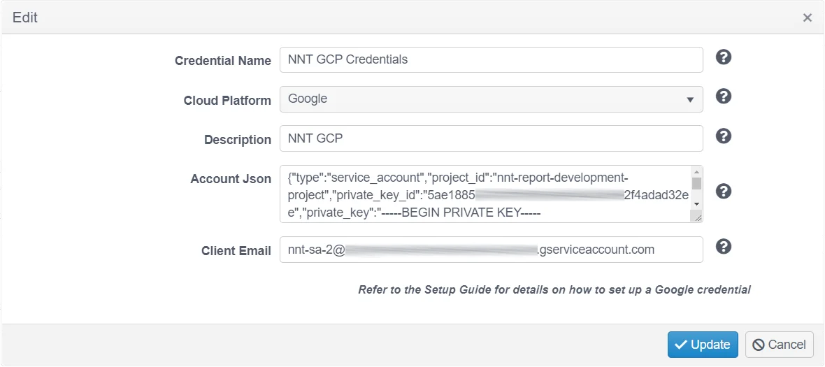Google Cloud Platform credentials dialog showing Credential Name, Cloud Platform, and Description fields