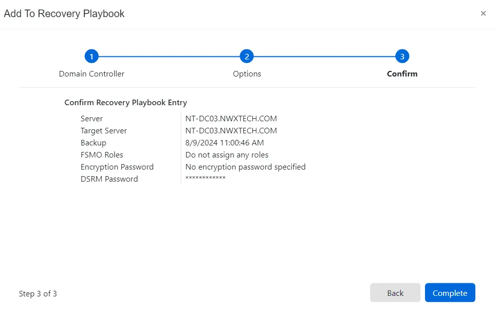 Add to Recovery Playbook wizard - Confirm page