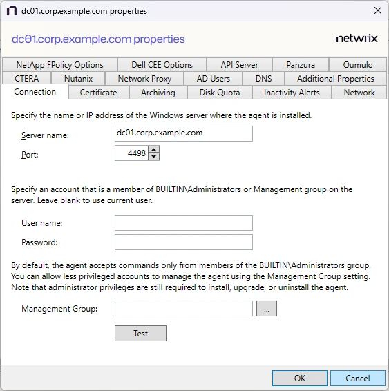 Connection Tab for Agent Properties