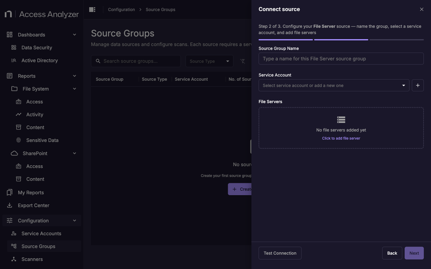 Source group creation wizard step 3 showing scan type selection and schedule configuration fields