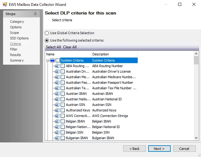 AWS Data Collector Select DLP criteria for this scan wizard page