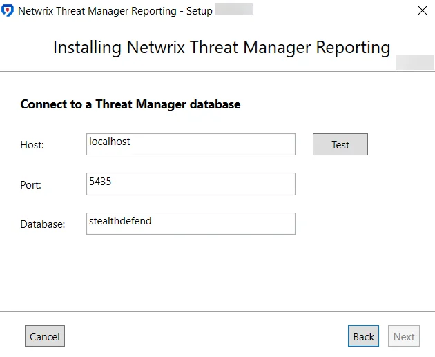 Netwrix Threat Mannager Reporting Setup wizard on the Database page