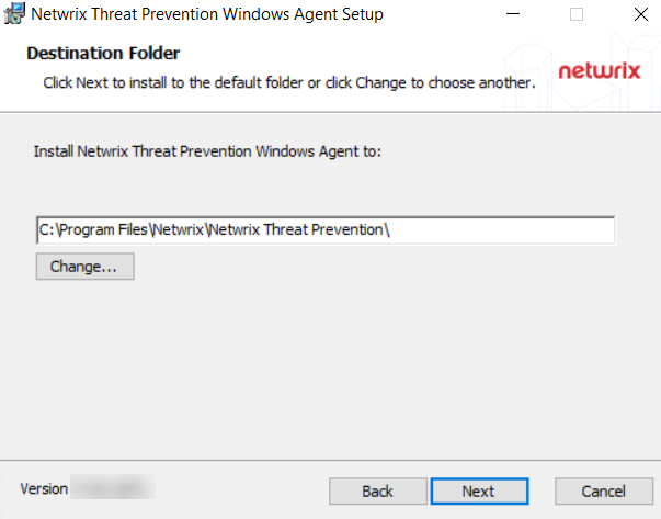 Threat Prevention Windows Agent Setup wizard - Destination Folder page