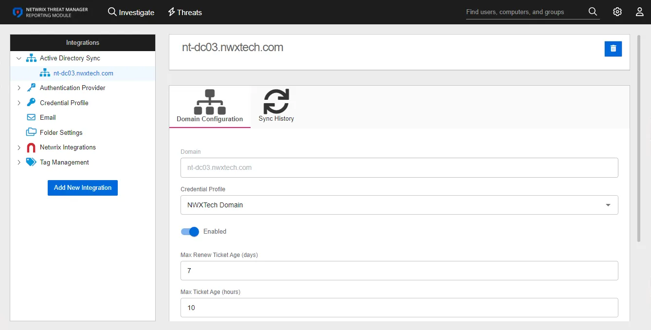 Active Directory Sync details page for a specific domain