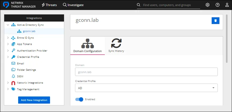Active Directory Sync details page for a specific domain