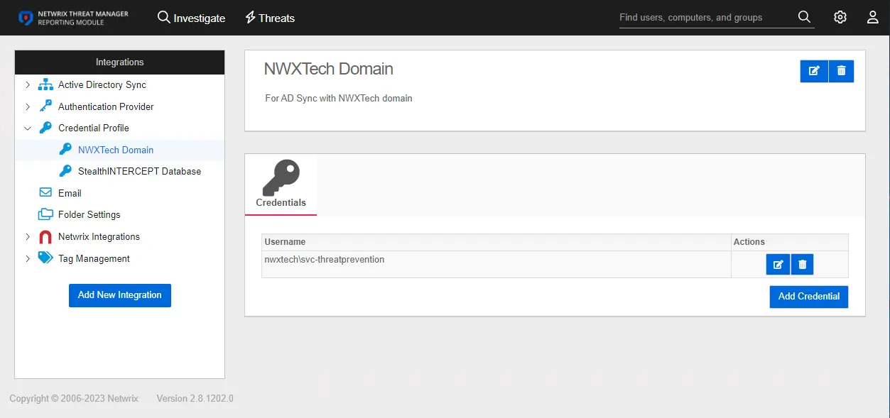 Integrations interface displaying the details for a Credenital Profile