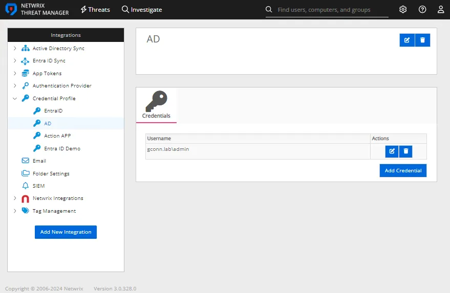 Integrations interface displaying the details for a Credenital Profile