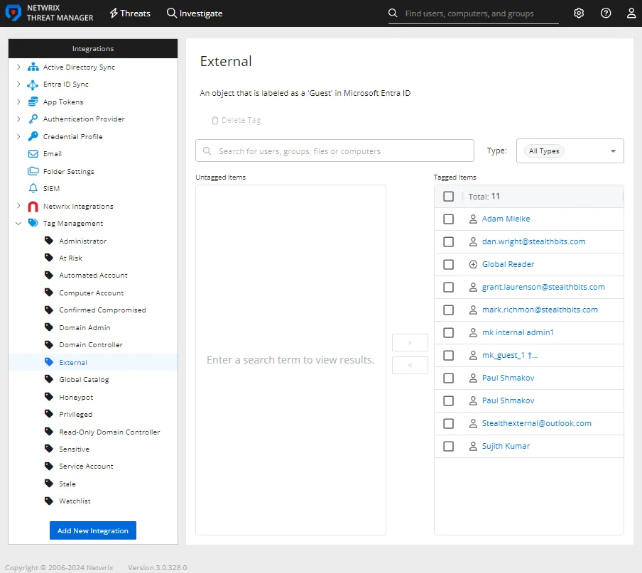 Integrations interface displaying the details for a Tag