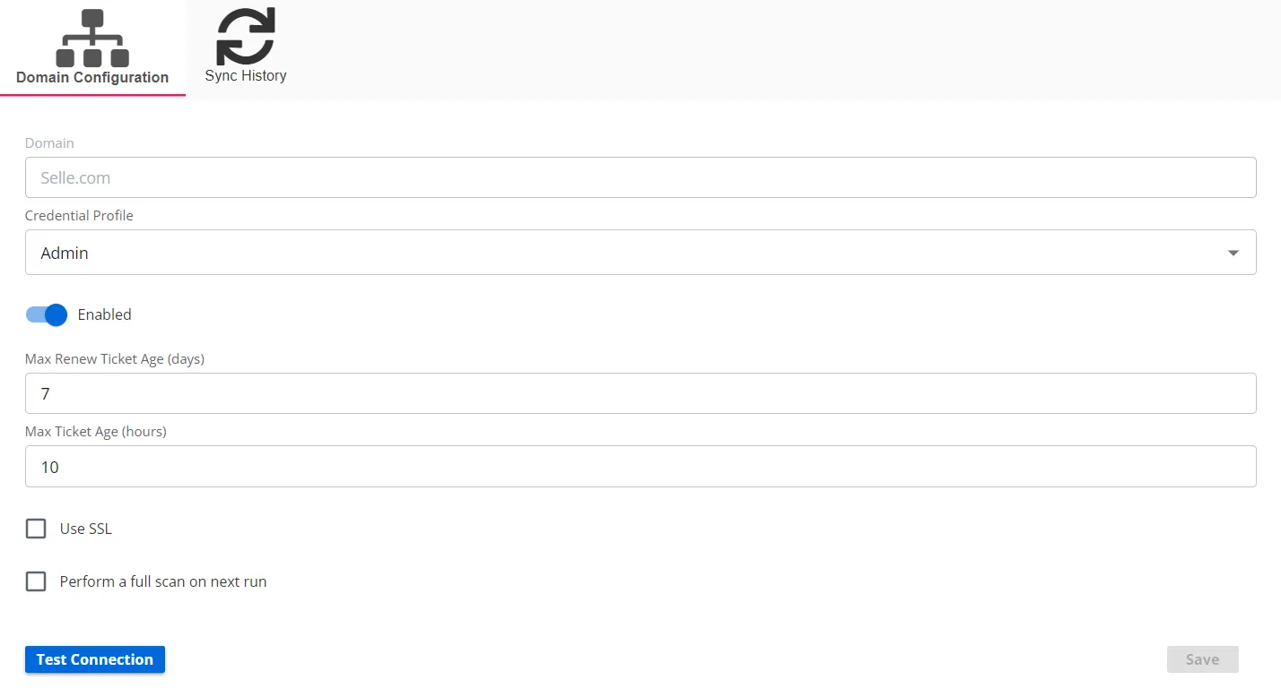 Active Directory Sync details page for a specific domain showing the Domain Configuration tab
