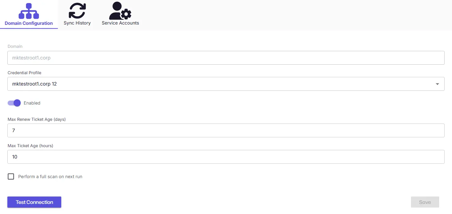 Active Directory Sync details page for a specific domain showing the Domain Configuration tab