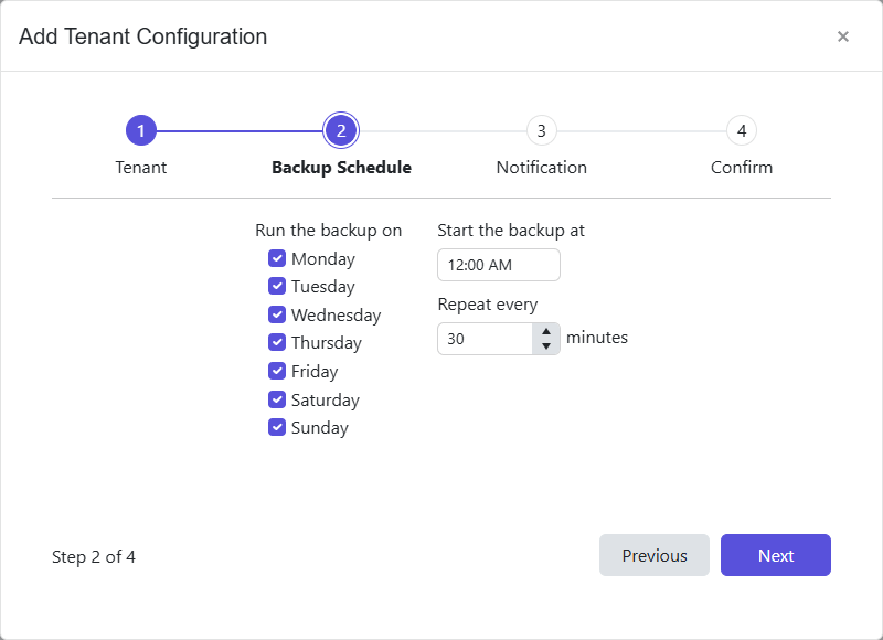Add Tenant Configuration wizard - Backup Schedule page