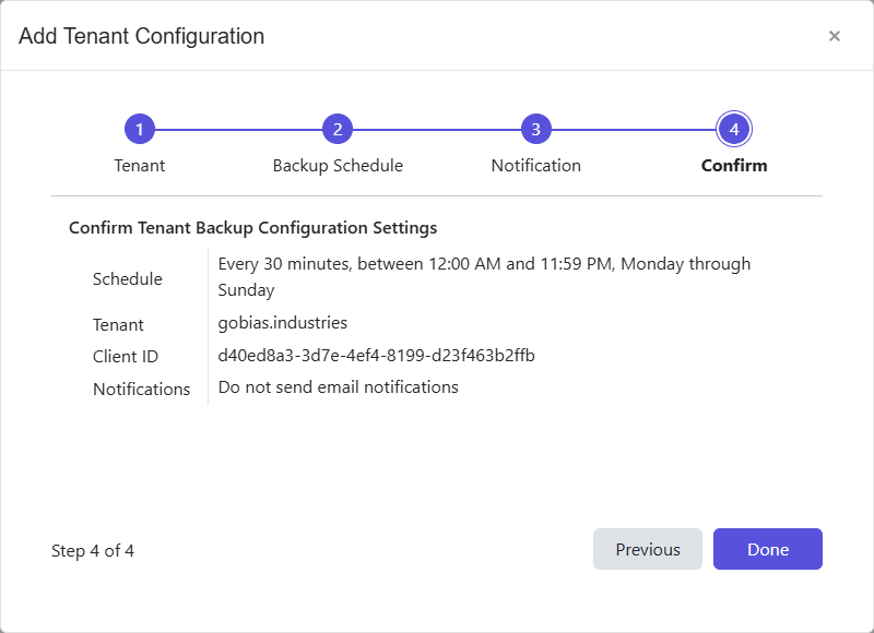 Add Tenant Configuration wizard - Confirm page