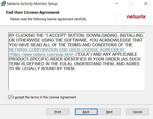 Netwrix PostgreSQL Setup wizard on the EULA page