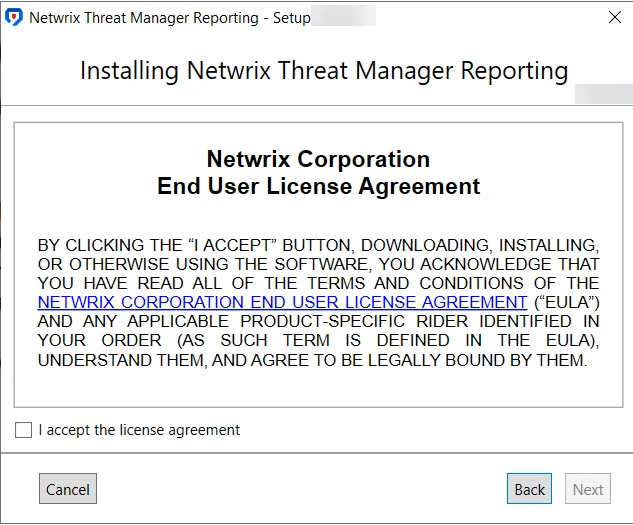 Netwrix Threat Mannager Reporting Setup wizard on the End User License Agreement page