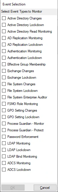 Event Type tab - Event Selection window