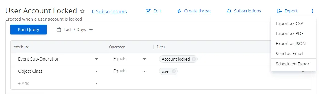 Export option in the Investigation interface