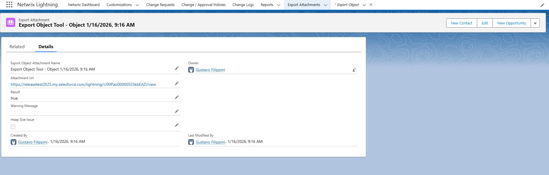 Example Export Attachment detail