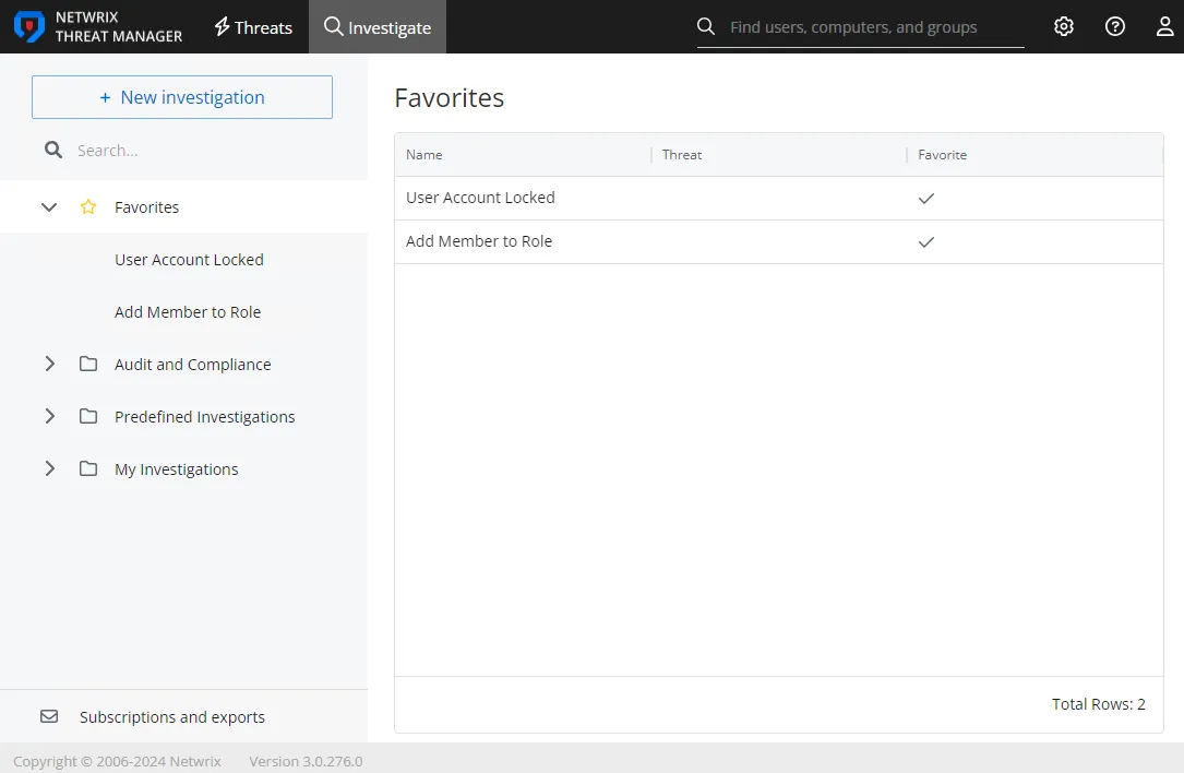 Investigation interface on the Favorites page