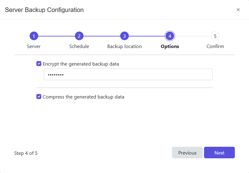 Server Backup Configuration wizard - Options page
